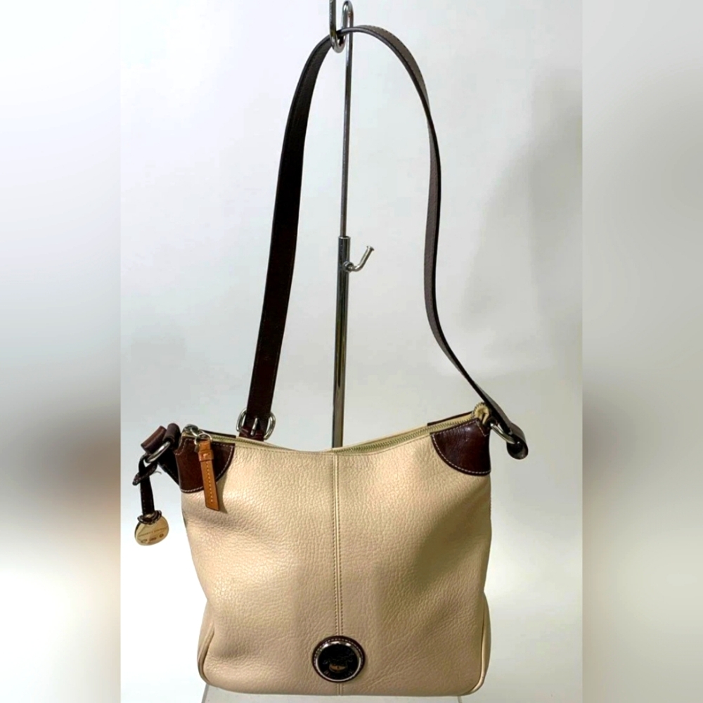 Dooney & Bourke Cream and Brown Leather Hobo Shoulder Bag Crossbody Purse